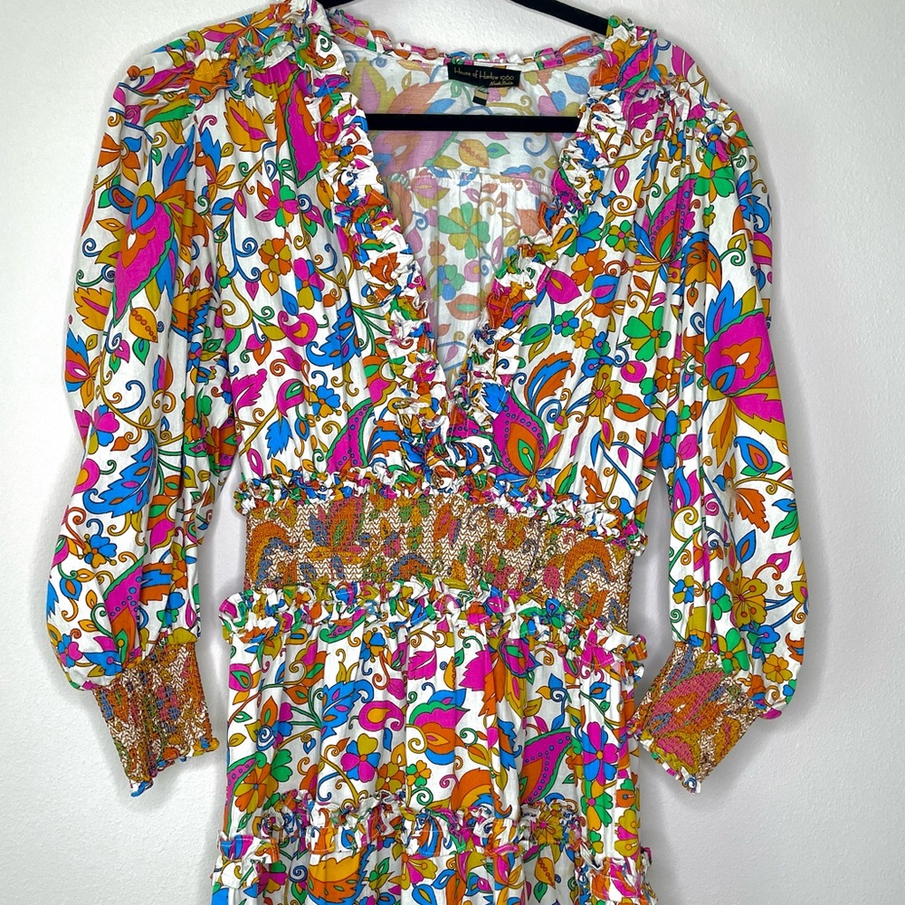 HOUSE OF HARLOW 1960 x NICOLE RICHIE Floral Smocked Tiered Dress M Beauty Beige